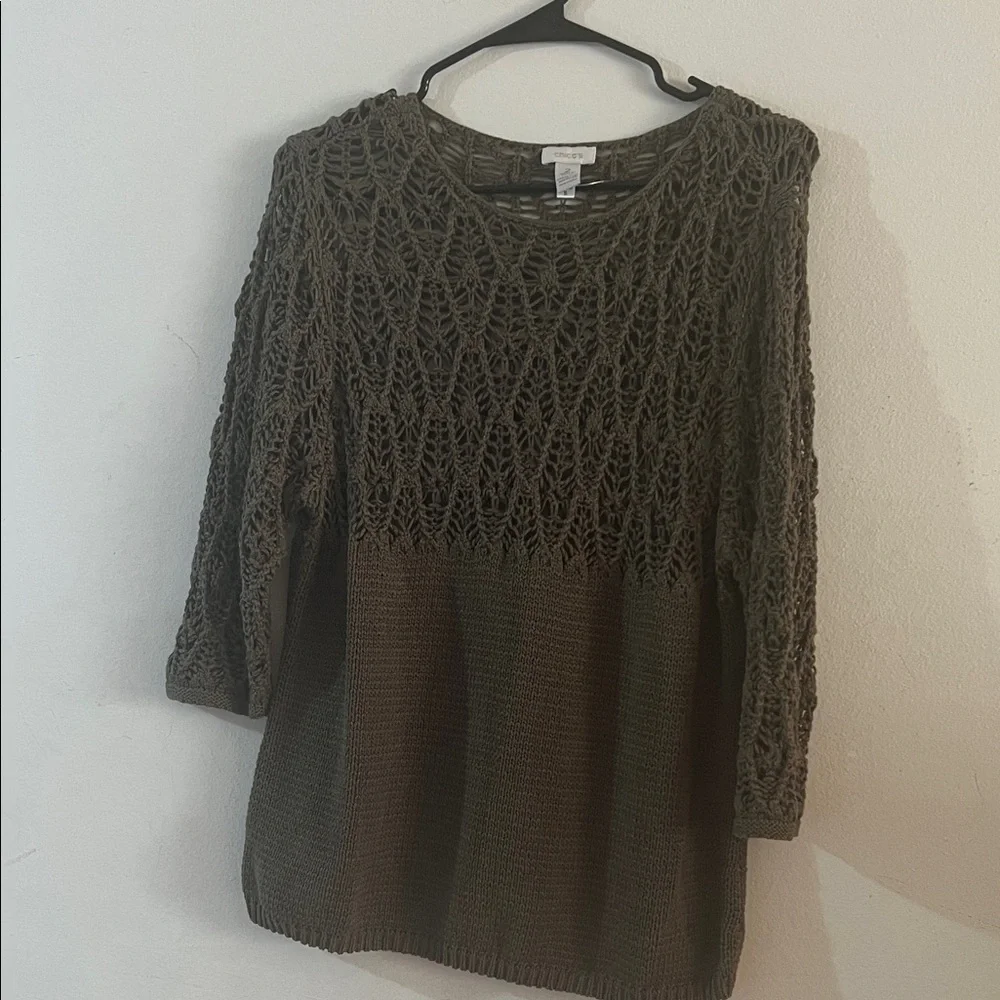 Chico's Olive Green Crochet Yoke Scoop Neck Sweater